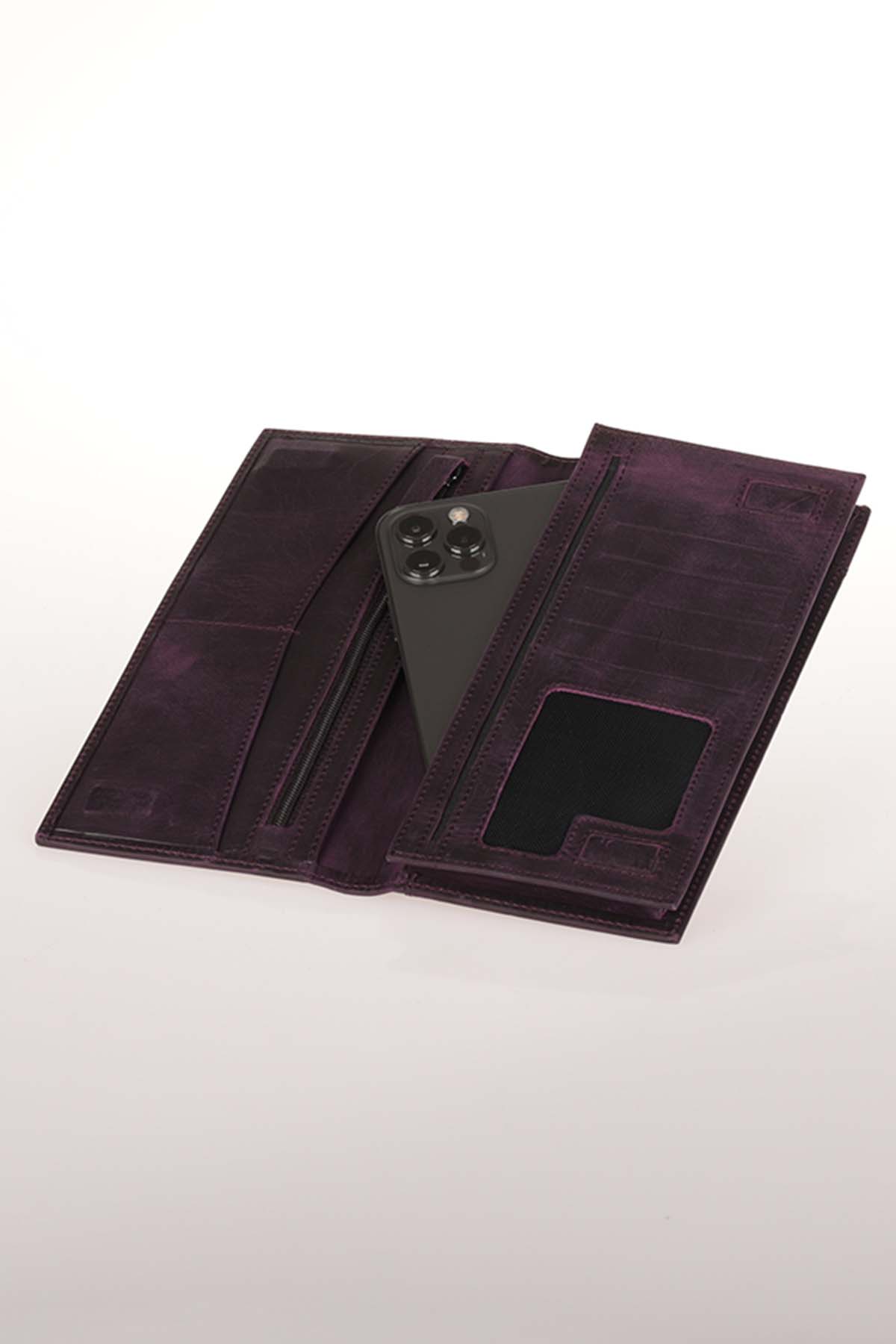 Cuerro Sagrada Hakiki Deri Mürdüm Telefon Bölmeli Portföy Cüzdan
